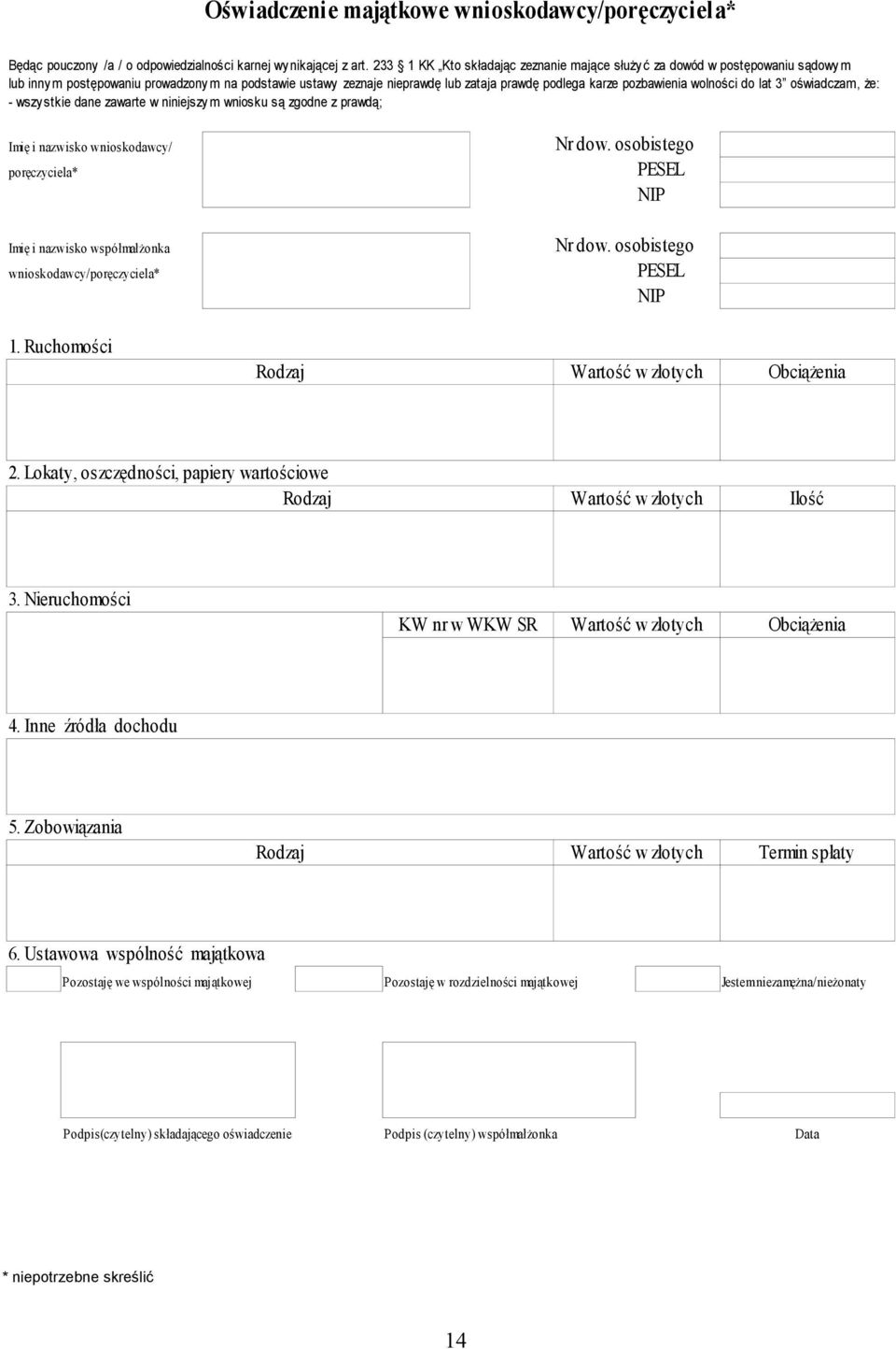 wolności do lat 3 oświadczam, że: - wszystkie dane zawarte w niniejszym wniosku są zgodne z prawdą; Imię i nazwisko wnioskodawcy/ poręczyciela* Imię i nazwisko współmałżonka