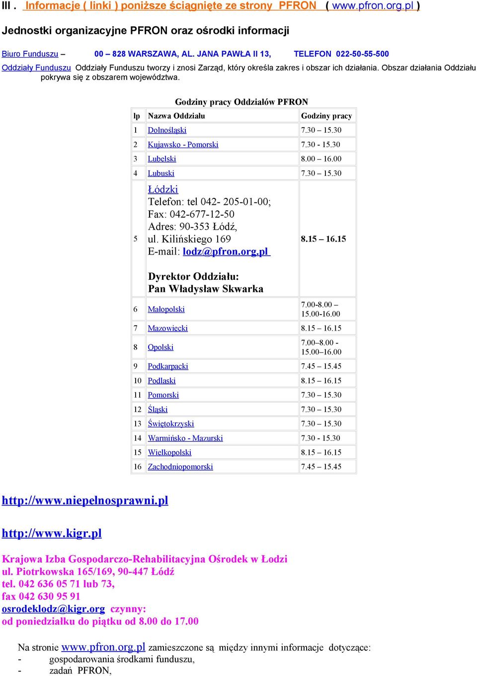 Obszar działania Oddziału pokrywa się z obszarem województwa. Godziny pracy Oddziałów PFRON lp Nazwa Oddziału Godziny pracy Dolnośląski 7.30 5.30 2 Kujawsko - Pomorski 7.30-5.30 3 Lubelski 8.00 6.