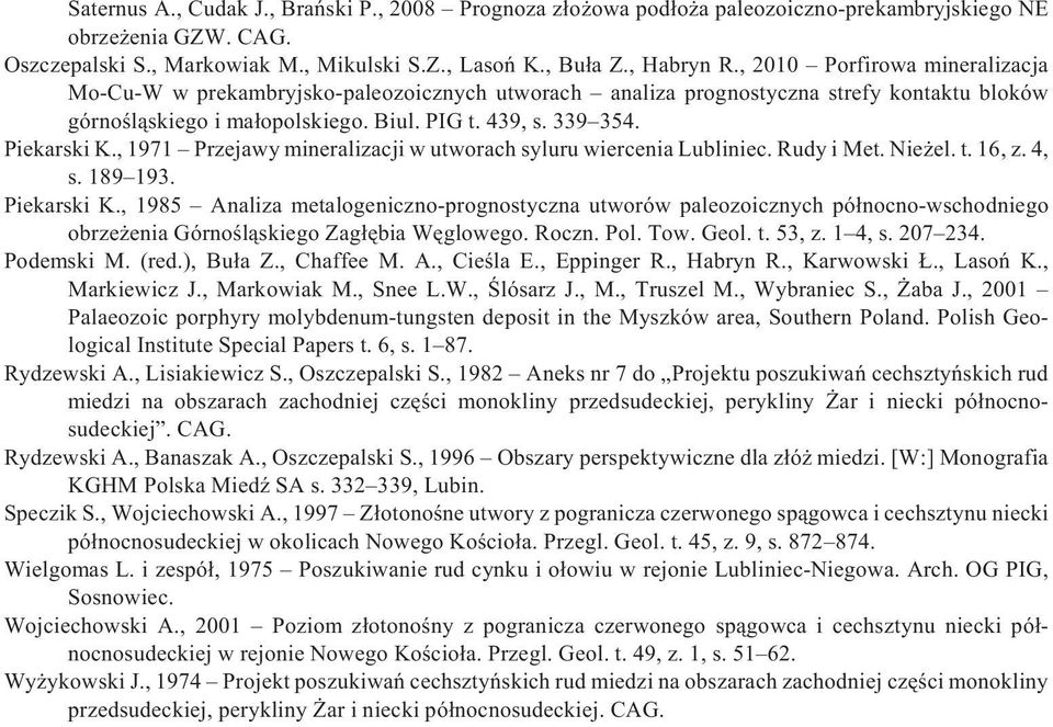, 1971 Przejawy mineralizacji w utworach syluru wiercenia Lubliniec. Rudy i Met. Nie el. t. 16, z. 4, s. 189 193. Piekarski K.
