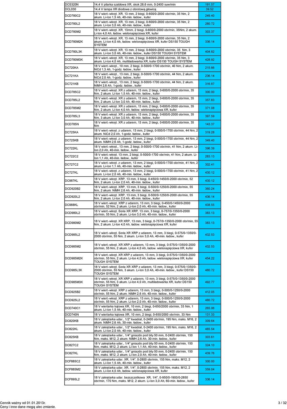 Li-Ion 3,0 Ah, 40-min. ładow., kufer 280.72 DCD780M2 18 V wiert.-wkręt. XR, 13mm, 2 biegi, 0-600/0-2000 obr/min, 35Nm, 2 akum. Li-Ion 4,0 Ah, ładow. wielonapięciowa XR, kufer 303.