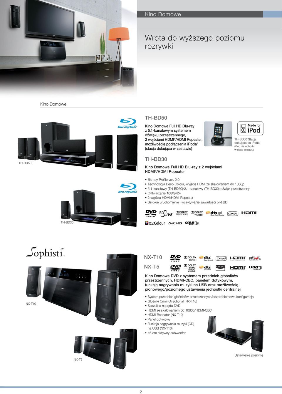 zestawu) TH-BD50 TH-BD30 Kino Domowe Full HD Blu-ray z 2 wejściami HDMI /HDMI Repeater Blu-ray Profile ver. 2.0 Technologia Deep Colour, wyjście HDMI ze skalowaniem do 1080p 5.1-kanałowy (TH-BD50)/2.