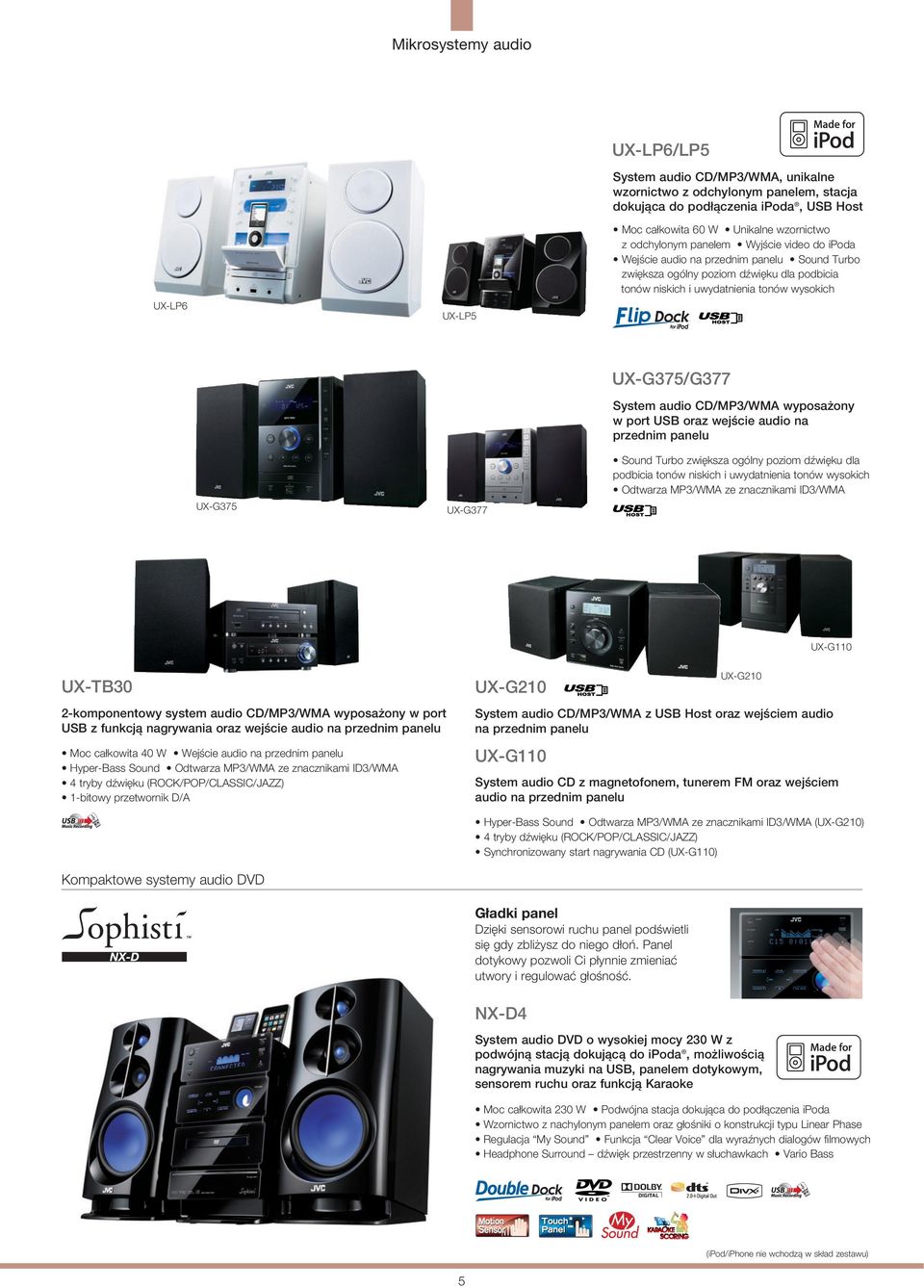 audio CD/MP3/WMA wyposażony w port oraz wejście audio na przednim panelu UX-G375 UX-G377 Sound Turbo zwiększa ogólny poziom dźwięku dla podbicia tonów niskich i uwydatnienia tonów wysokich Odtwarza