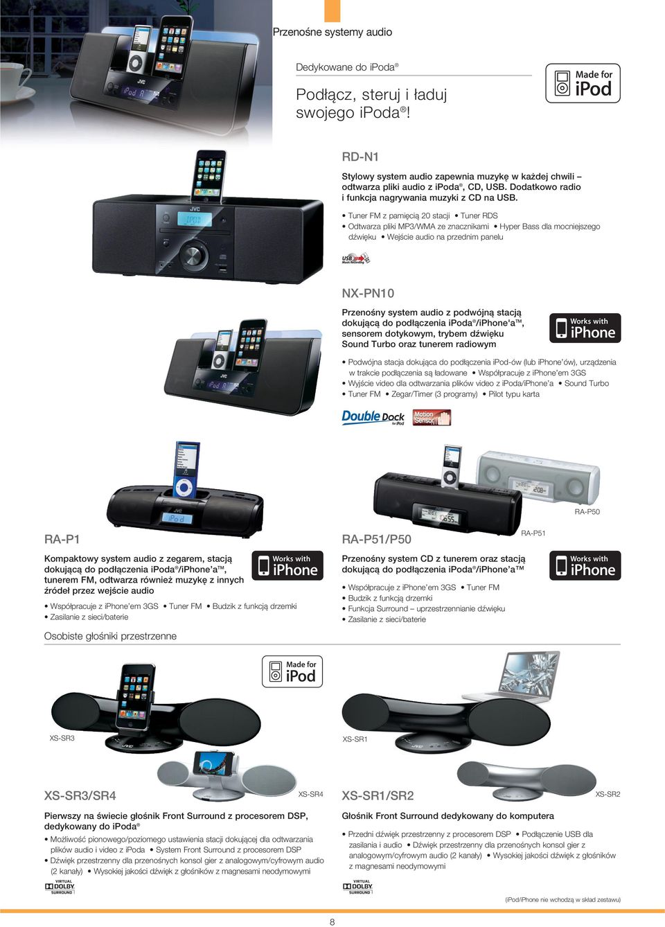 Tuner FM z pamięcią 20 stacji Tuner RDS Odtwarza pliki MP3/WMA ze znacznikami Hyper Bass dla mocniejszego dźwięku Wejście audio na przednim panelu NX-PN10 Przenośny system audio z podwójną stacją