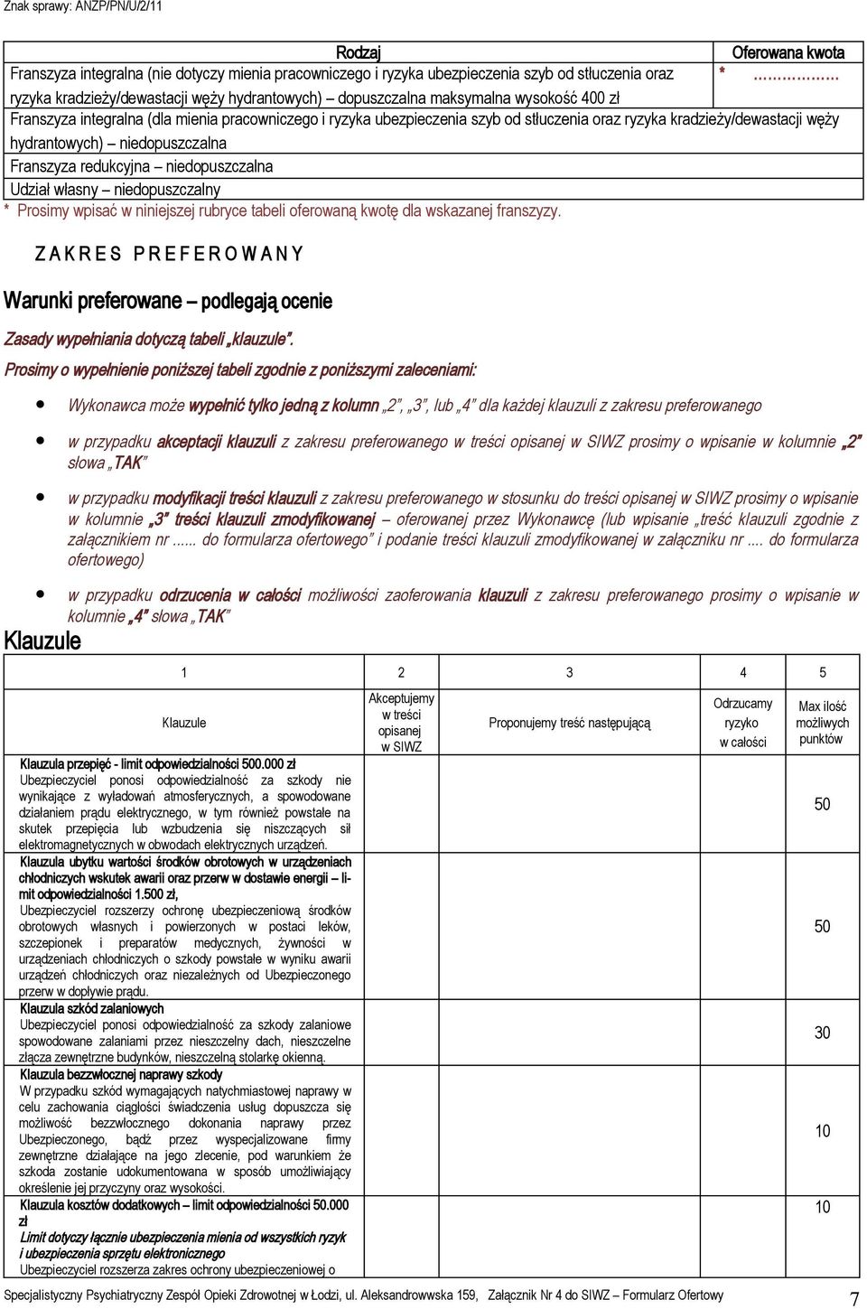 niedopuszczalna Udział własny niedopuszczalny * Prosimy wpisać w niniejszej rubryce tabeli oferowaną kwotę dla wskazanej franszyzy.