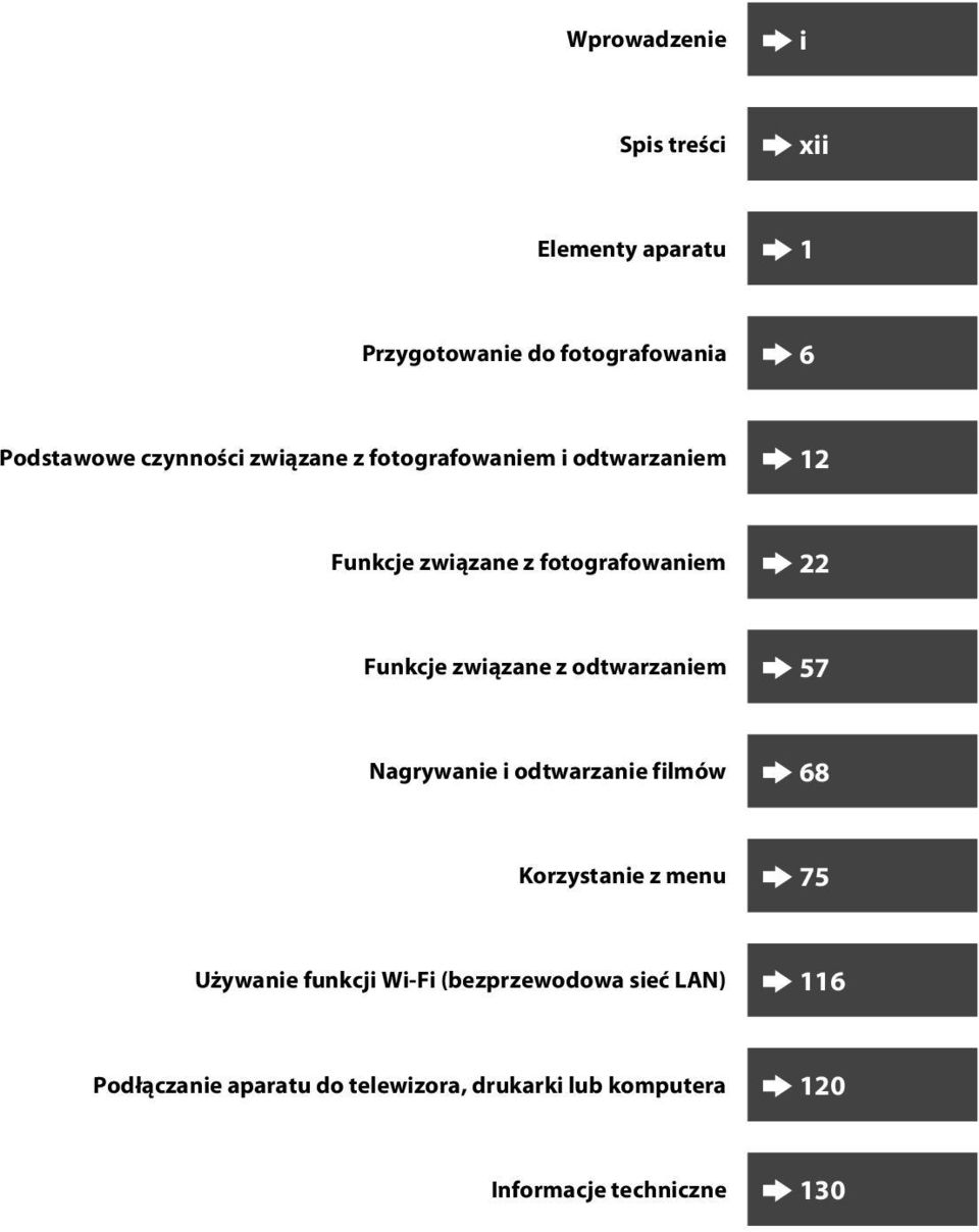 odtwarzaniem 57 Nagrywanie i odtwarzanie filmów 68 Korzystanie z menu 75 Używanie funkcji Wi-Fi