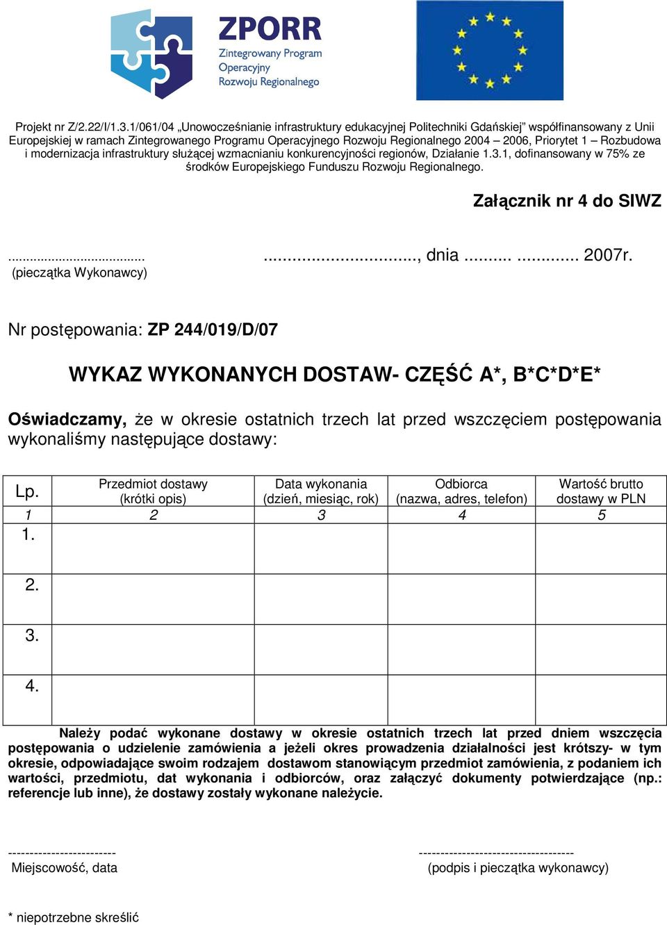 1 Rozbudowa i modernizacja infrastruktury słuŝącej wzmacnianiu konkurencyjności regionów, Działanie 1.3.1, dofinansowany w 75% ze środków Europejskiego Funduszu Rozwoju Regionalnego.