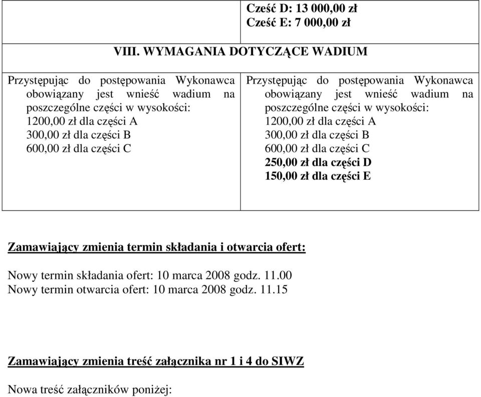 600,00 zł dla części C Przystępując do postępowania Wykonawca obowiązany jest wnieść wadium na poszczególne części w wysokości: 1200,00 zł dla części A 300,00 zł dla części B