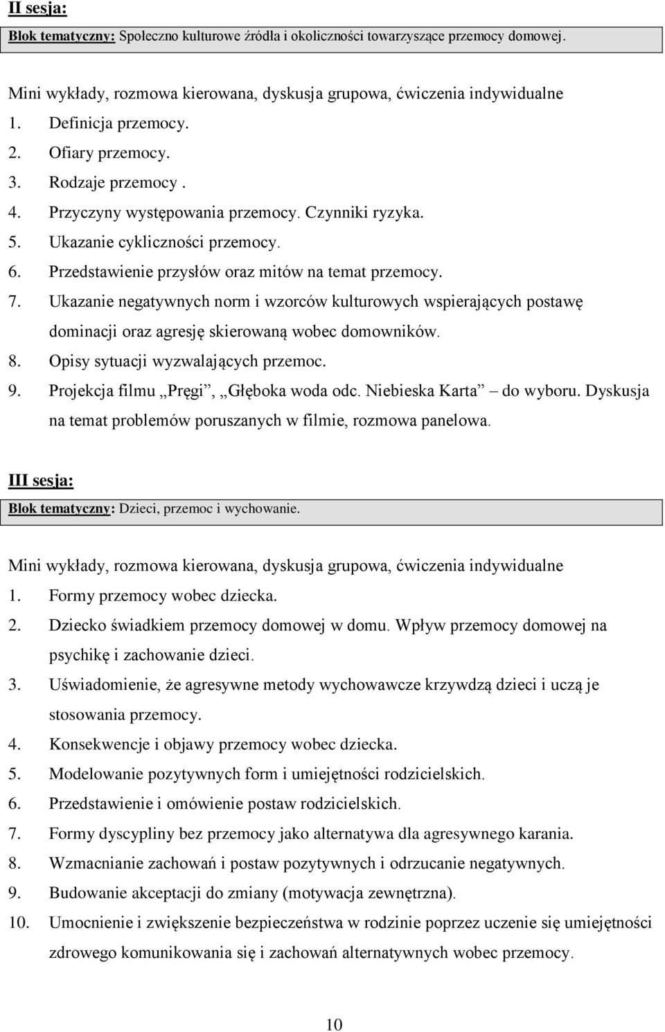 Ukazanie negatywnych norm i wzorców kulturowych wspierających postawę dominacji oraz agresję skierowaną wobec domowników. 8. Opisy sytuacji wyzwalających przemoc. 9.
