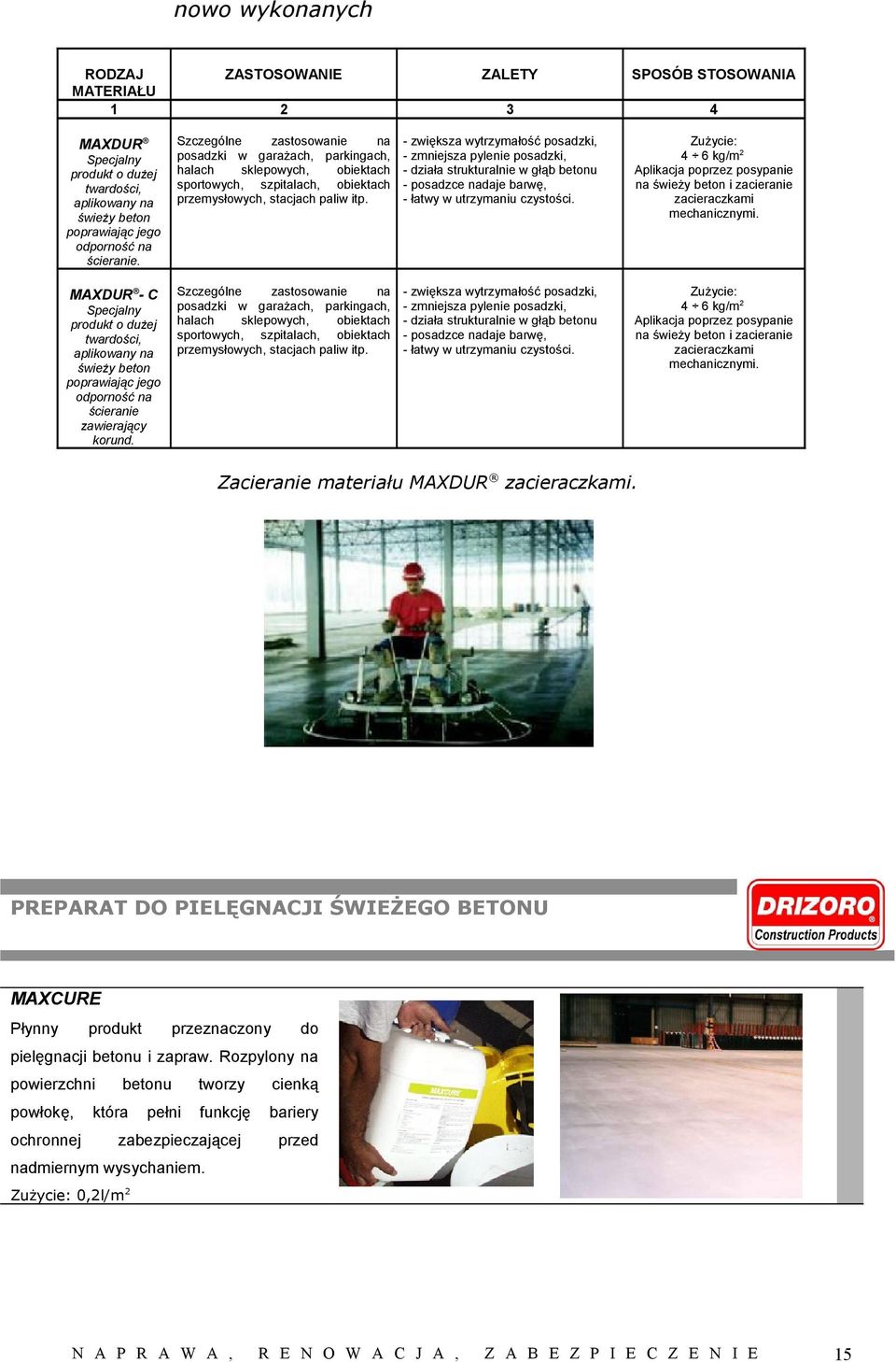 - zwiększa wytrzymałość posadzki, - zmniejsza pylenie posadzki, - działa strukturalnie w głąb betonu - posadzce nadaje barwę, - łatwy w utrzymaniu czystości.