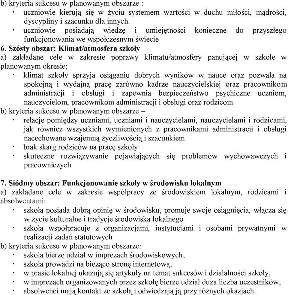 Szósty obszar: Klimat/atmosfera szkoły a) zakładane cele w zakresie poprawy klimatu/atmosfery panującej w szkole w planowanym okresie; klimat szkoły sprzyja osiąganiu dobrych wyników w nauce oraz