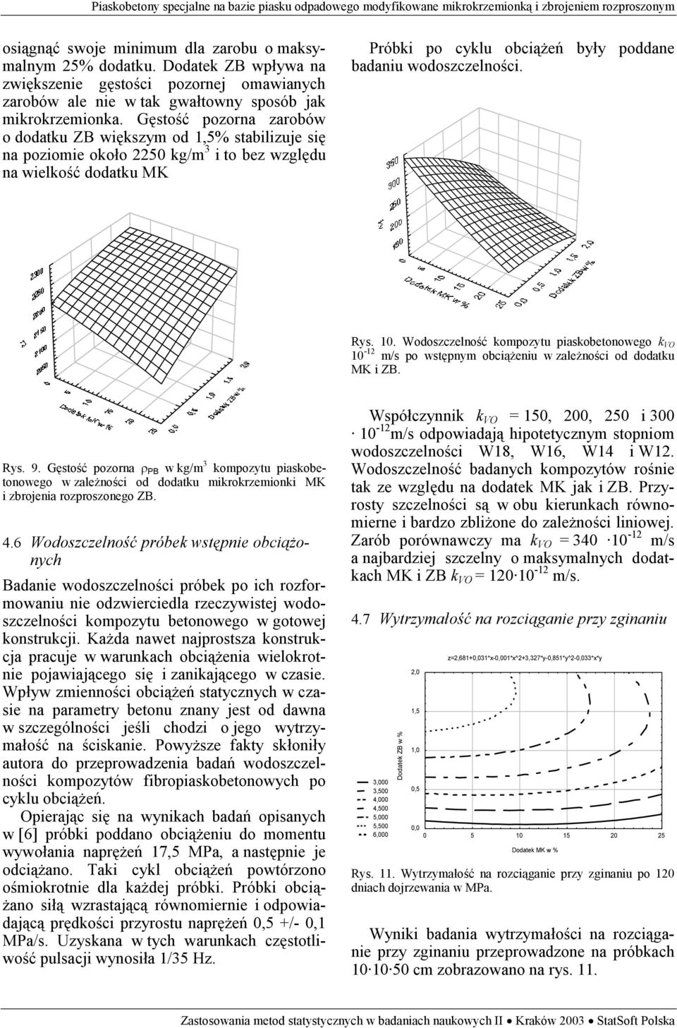 wodoszczelności. Rys. 10. Wodoszczelność kompozytu piaskobetonowego k VO 10-12 m/s po wstępnym obciążeniu w zależności od dodatku MK i ZB. Rys. 9.