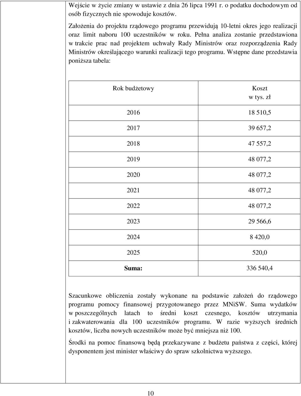 Pełna analiza zostanie przedstawiona w trakcie prac nad projektem uchwały Rady Ministrów oraz rozporządzenia Rady Ministrów określającego warunki realizacji tego programu.
