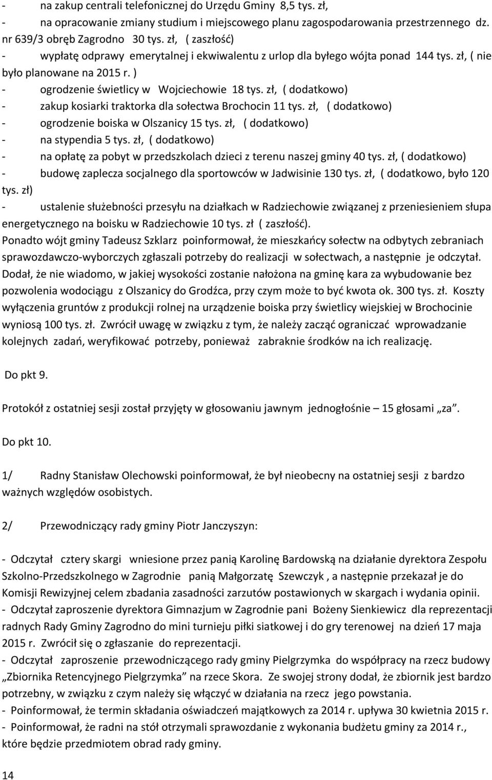 zł, ( dodatkowo) - zakup kosiarki traktorka dla sołectwa Brochocin 11 tys. zł, ( dodatkowo) - ogrodzenie boiska w Olszanicy 15 tys. zł, ( dodatkowo) - na stypendia 5 tys.