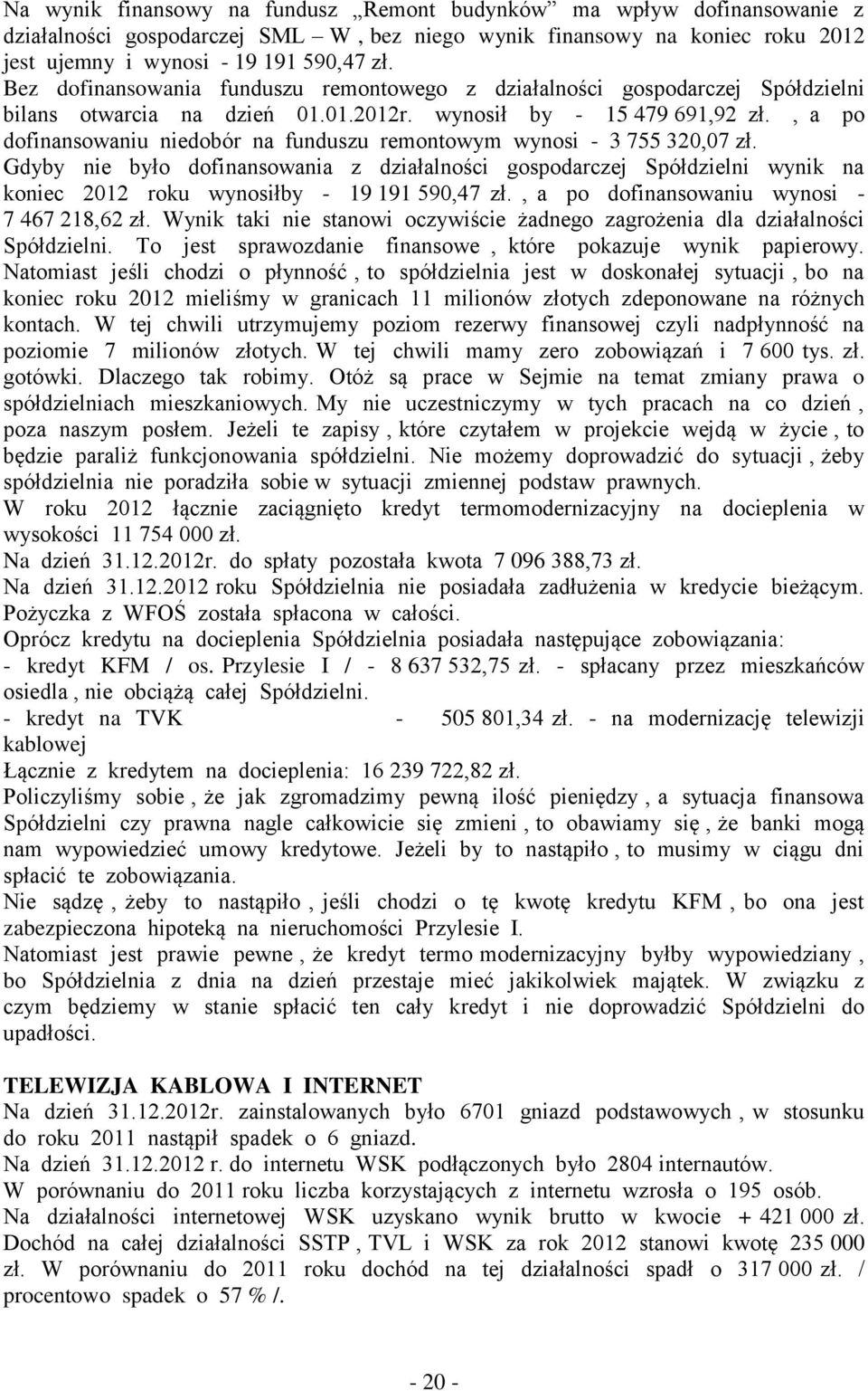 , a po dofinansowaniu niedobór na funduszu remontowym wynosi - 3 755 320,07 zł.
