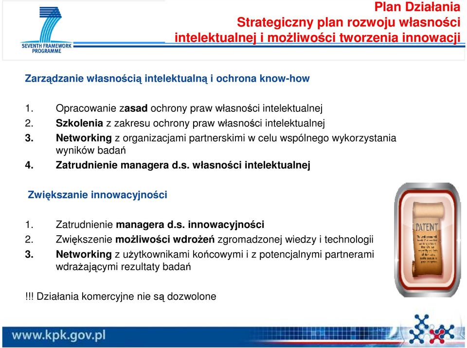 Networking z organizacjami partnerskimi w celu wspólnego wykorzystania wyników badań 4. Zatrudnienie managera d.s. własności intelektualnej Zwiększanie innowacyjności 1.