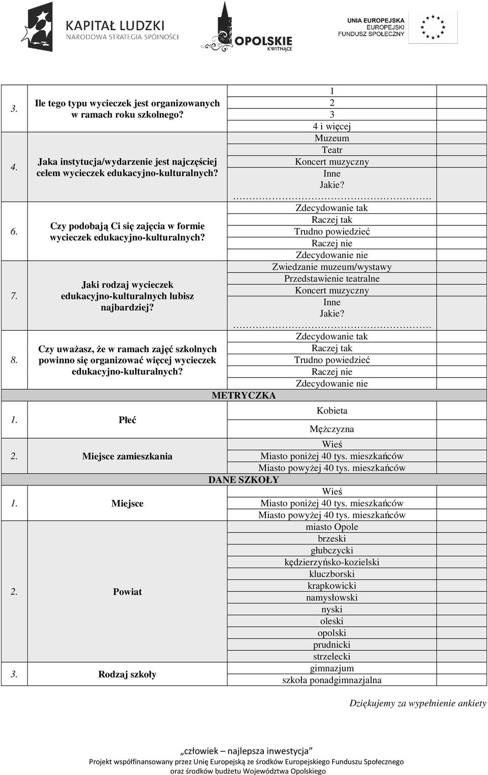Czy uwaŝasz, Ŝe w ramach zajęć szkolnych powinno się organizować więcej wycieczek edukacyjno-kulturalnych? 1. Płeć 2. Miejsce zamieszkania 1. Miejsce 2. Powiat 3.
