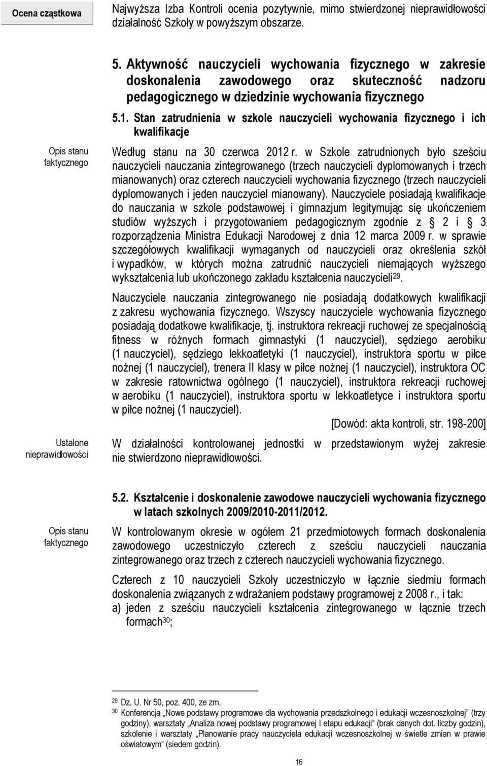Stan zatrudnienia w szkole nauczycieli wychowania fizycznego i ich kwalifikacje Według stanu na 30 czerwca 2012 r.
