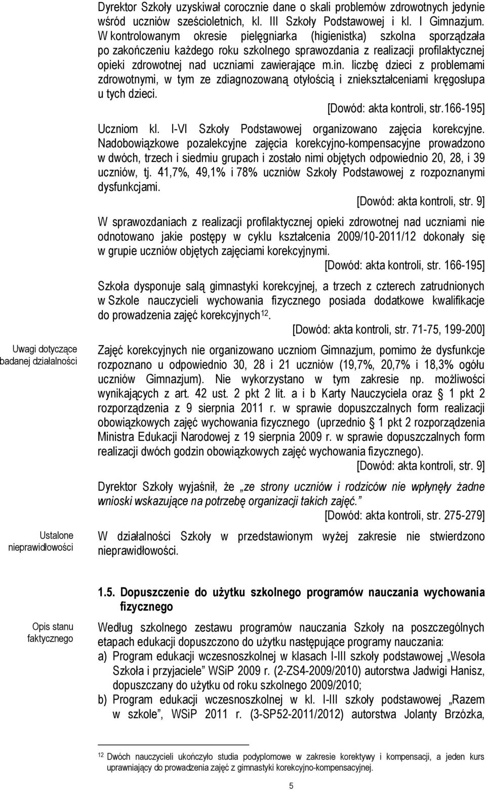 liczbę dzieci z problemami zdrowotnymi, w tym ze zdiagnozowaną otyłością i zniekształceniami kręgosłupa u tych dzieci. [Dowód: akta kontroli, str.166-195] Uczniom kl.