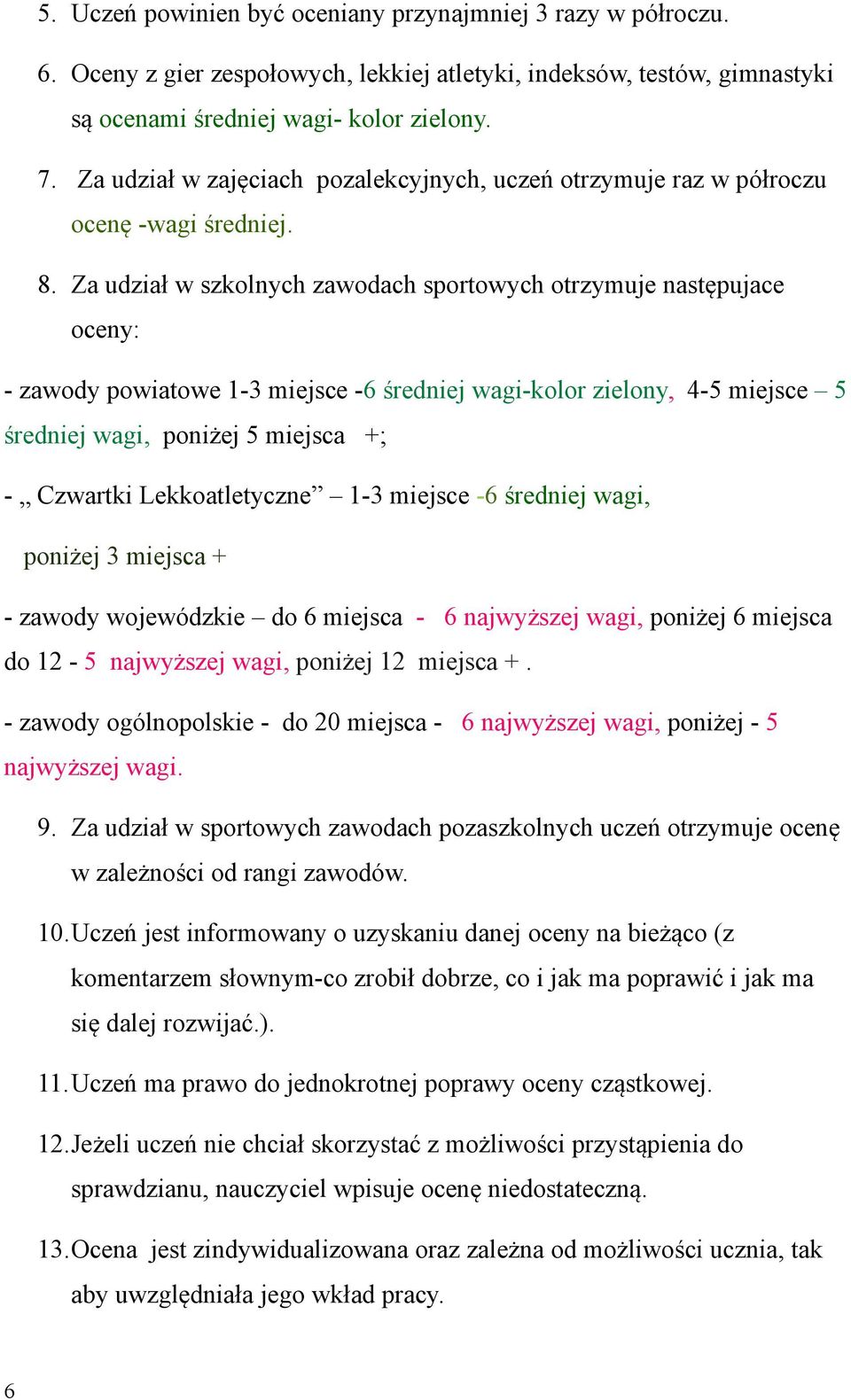 Za udział w szkolnych zawodach sportowych otrzymuje następujace oceny: - zawody powiatowe 1-3 miejsce -6 średniej wagi-kolor zielony, 4-5 miejsce 5 średniej wagi, poniżej 5 miejsca +; - Czwartki