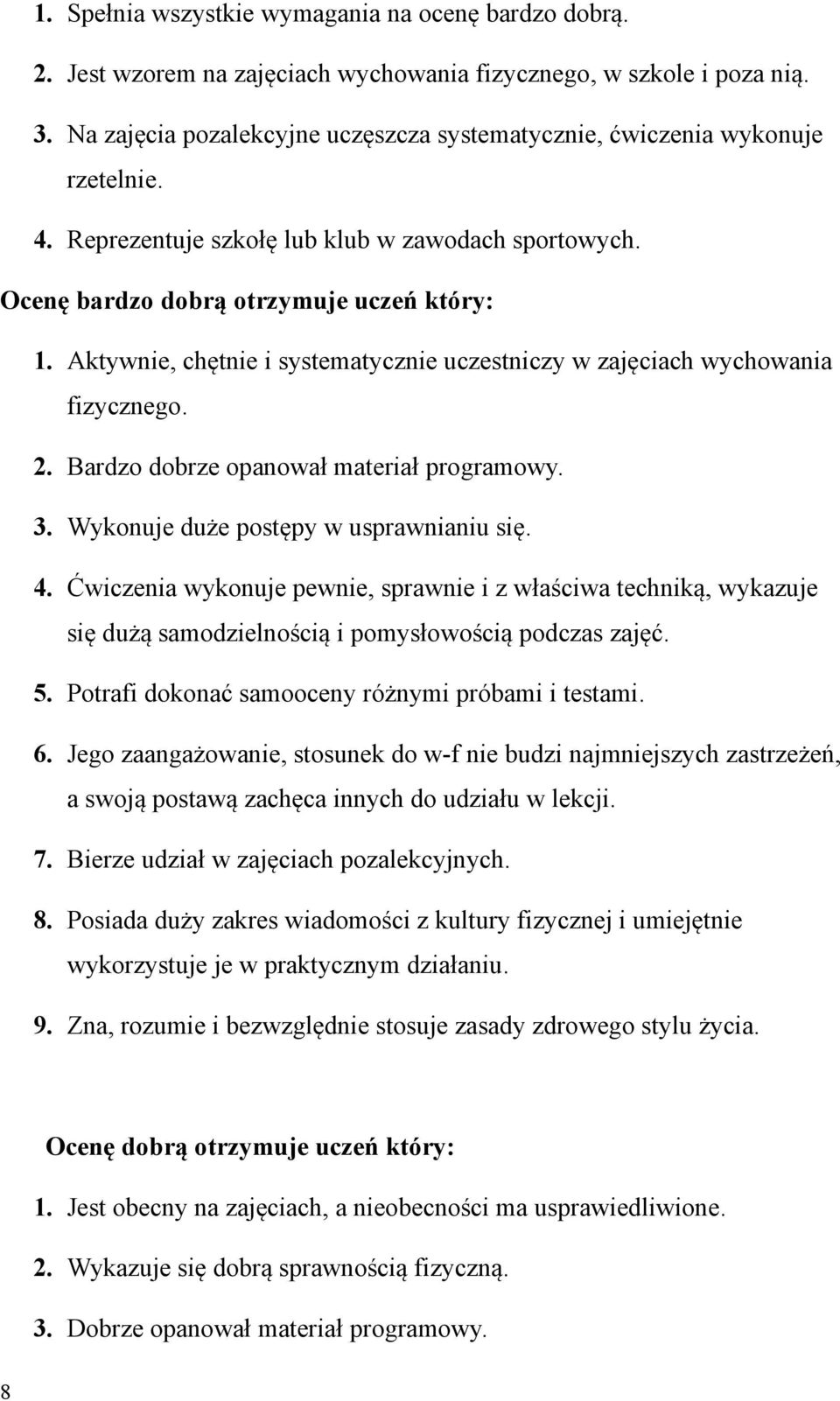 Aktywnie, chętnie i systematycznie uczestniczy w zajęciach wychowania fizycznego. 2. Bardzo dobrze opanował materiał programowy. 3. Wykonuje duże postępy w usprawnianiu się. 4.