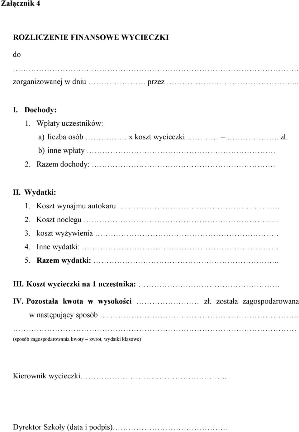 koszt wyżywienia. 4. Inne wydatki: 5. Razem wydatki:.. III. Koszt wycieczki na 1 uczestnika: IV. Pozostała kwota w wysokości zł.