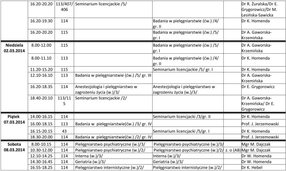 20 115 Seminarium licencjackie /5/ 12.10-16.10 113 Badania w pielęgniarstwie (ćw.) /5/ 16.20-18.35 114 Anestezjologia i pielęgniarstwo w Anestezjologia i pielęgniarstwo w Dr E.