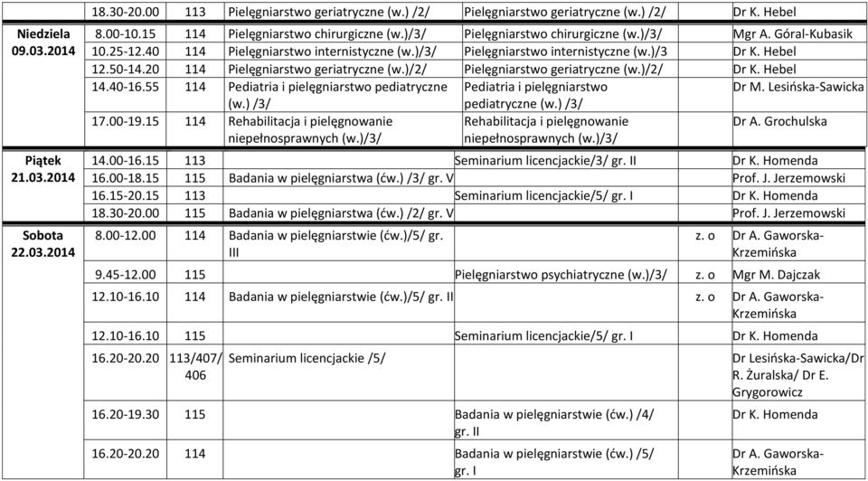 20 114 Pielęgniarstwo geriatryczne (w.)/2/ Pielęgniarstwo geriatryczne (w.)/2/ Dr K. Hebel 14.40-16.55 114 Pediatria i pielęgniarstwo pediatryczne Pediatria i pielęgniarstwo Dr M. Lesińska-Sawicka 17.