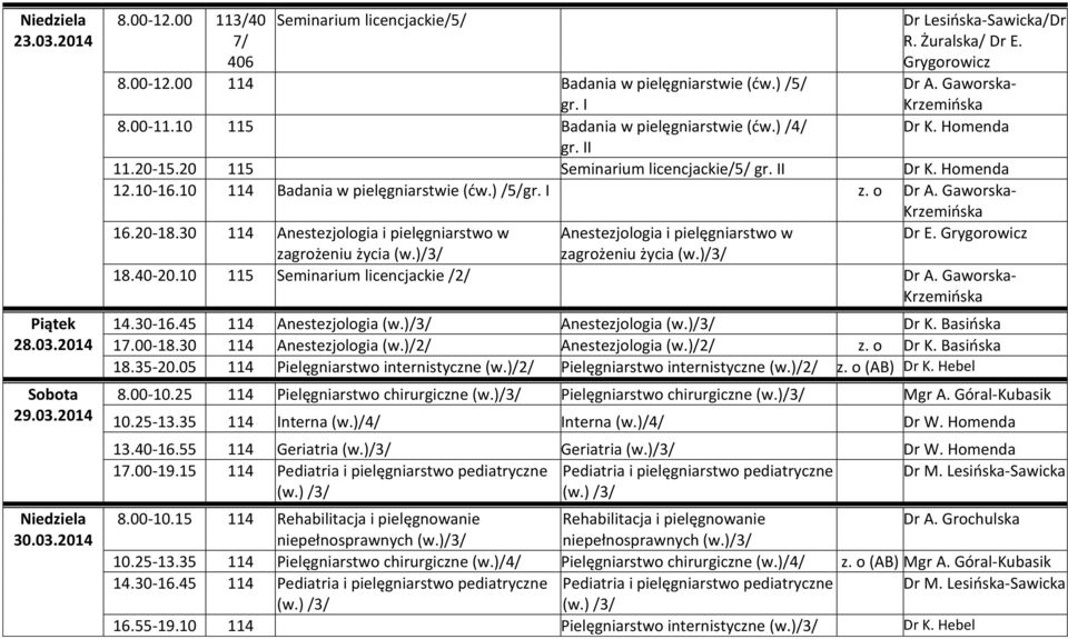 30 114 Anestezjologia i pielęgniarstwo w Anestezjologia i pielęgniarstwo w Dr E. Grygorowicz zagrożeniu życia (w.)/3/ zagrożeniu życia (w.)/3/ 18.40-20.10 115 Seminarium licencjackie /2/ 14.30-16.