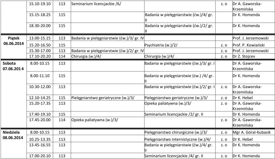 10-20.20 114 Chirurgia Chirurgia z. o Dr Z. Stojcev 8.00-10.15 113 Badania w pielęgniarstwie (ćw.)/3/ 8.00-11.10 115 Badania w pielęgniarstwie (ćw.) /4/ gr. 10.30-12.