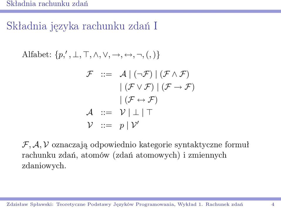 kategorie syntaktyczne formuł rachunku zdań, atomów (zdań atomowych) i zmiennych