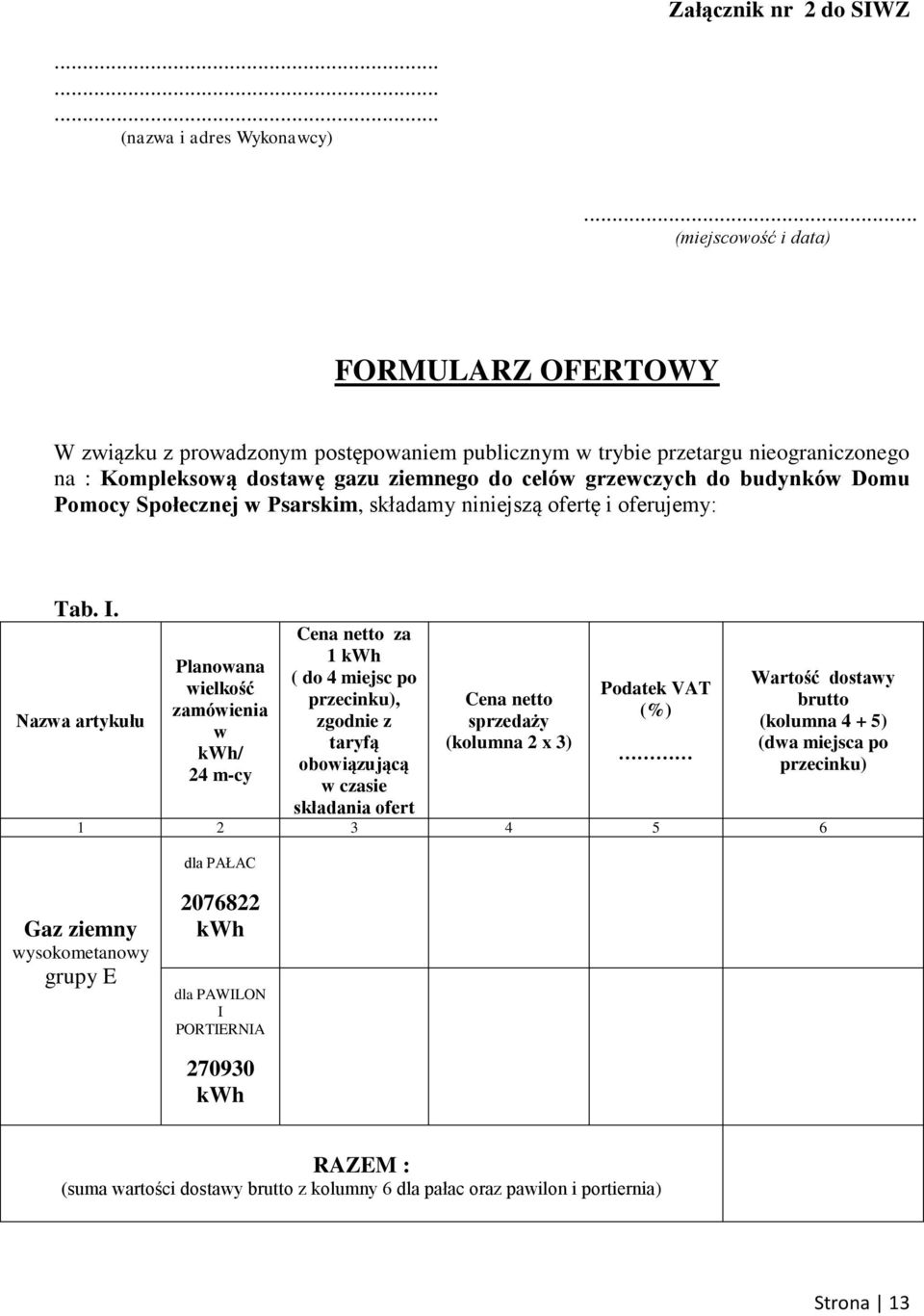 Domu Pomocy Społecznej w Psarskim, składamy niniejszą ofertę i oferujemy: Tab. I.