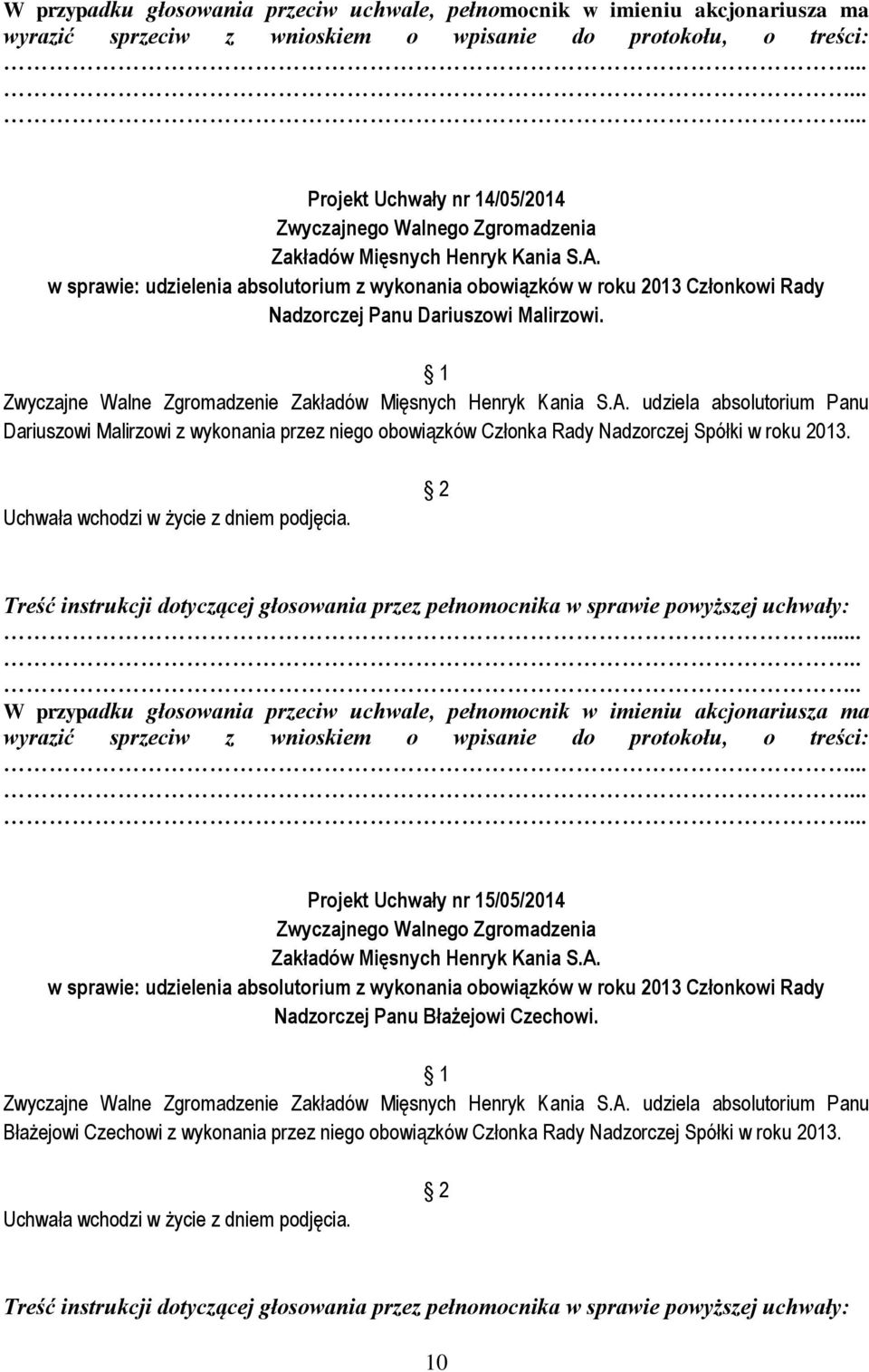 Projekt Uchwały nr 15/05/2014 w sprawie: udzielenia absolutorium z wykonania obowiązków w roku 2013 Członkowi Rady Nadzorczej Panu Błażejowi Czechowi.