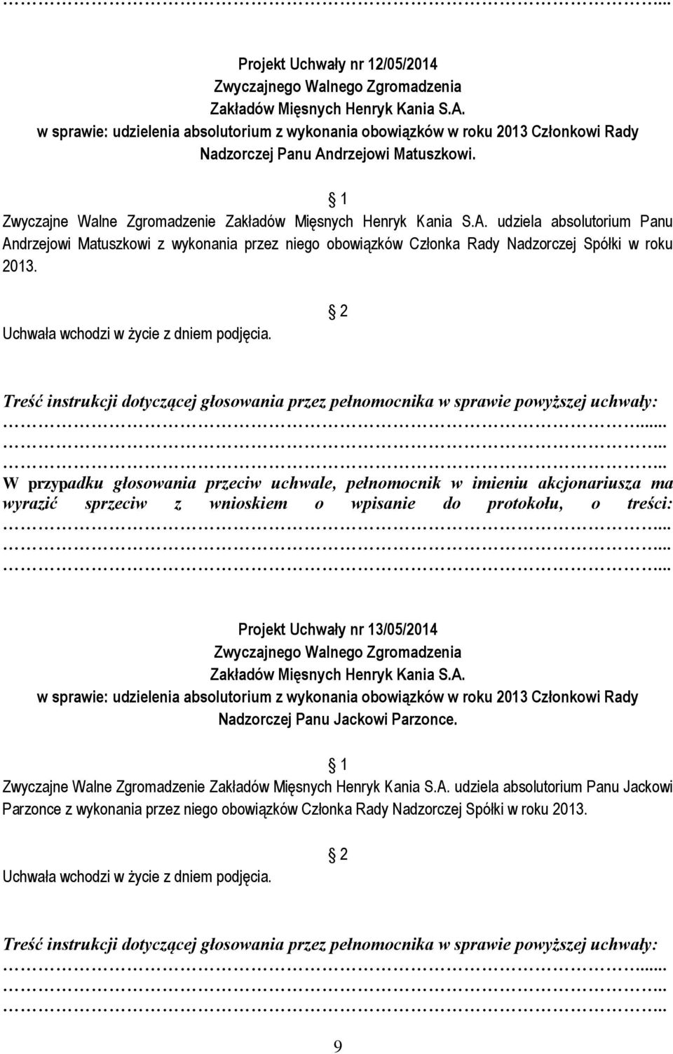 2013. Projekt Uchwały nr 13/05/2014 w sprawie: udzielenia absolutorium z wykonania obowiązków w roku 2013 Członkowi Rady Nadzorczej Panu Jackowi