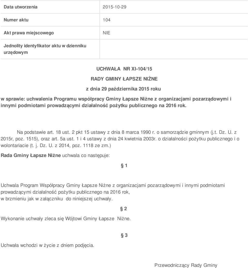 2 pkt 15 ustawy z dnia 8 marca 1990 r. o samorządzie gminnym (j.t. Dz. U. z 2015r, poz. 1515), oraz art. 5a ust. 1 i 4 ustawy z dnia 24 kwietnia 2003r.