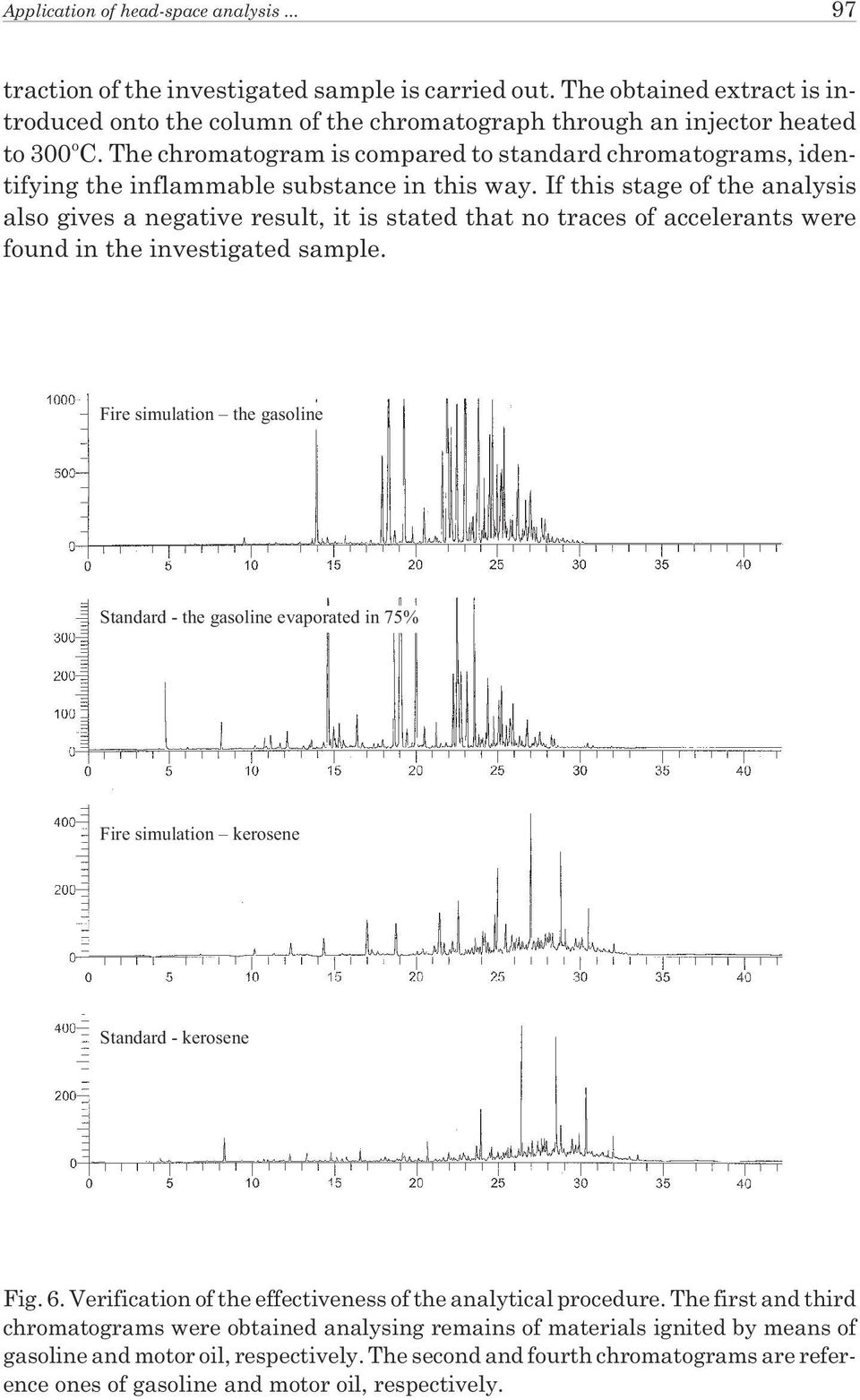 The chromatogram is compared to standard chromatograms, identifying the inflammable substance in this way.