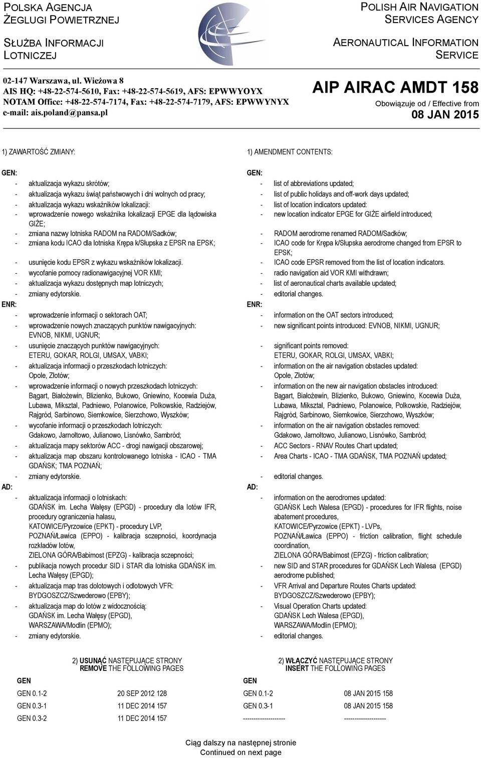 pl POLISH AIR NAVIGATION SERVICES AGENCY AERONAUTICAL INFORMATION SERVICE AIP AIRAC AMDT 158 Obowiązuje od / Effective from 1) ZAWARTOŚĆ ZMIANY: 1) AMENDMENT CONTENTS: GEN: GEN: - aktualizacja wykazu