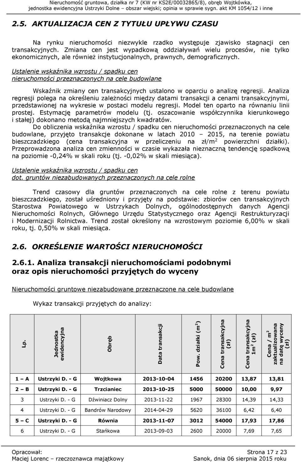 Ustalenie wskaźnika wzrostu / spadku cen nieruchomości przeznaczonych na cele budowlane Wskaźnik zmiany cen transakcyjnych ustalono w oparciu o analizę regresji.