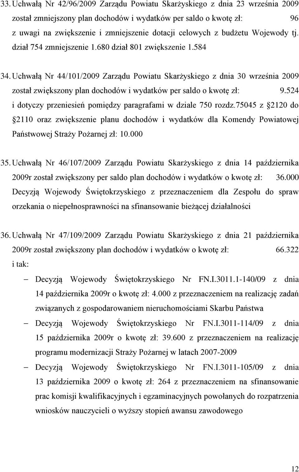 Uchwałą Nr 44/101/2009 Zarządu Powiatu Skarżyskiego z dnia 30 września 2009 został zwiększony plan dochodów i wydatków per saldo o kwotę zł: 9.