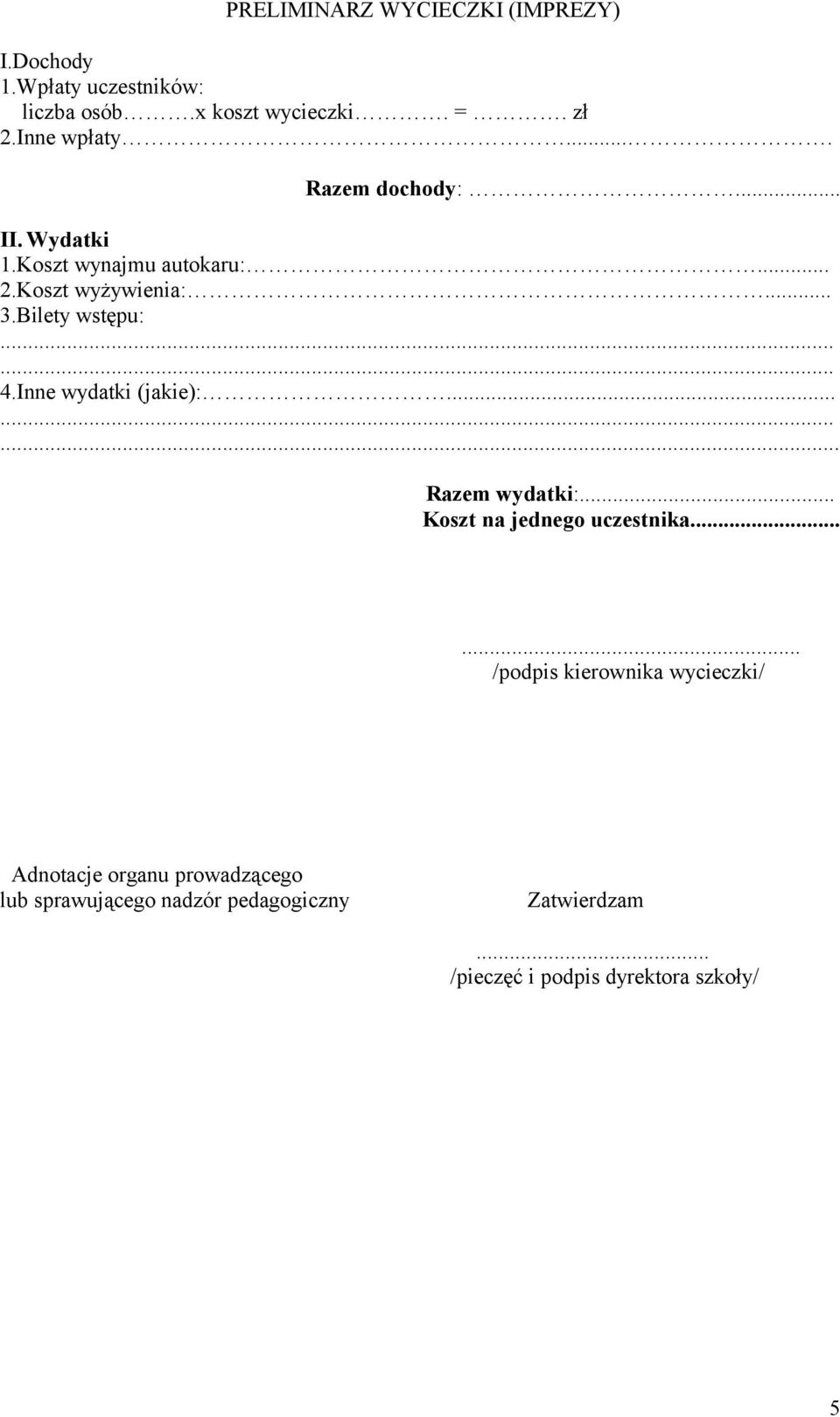 Bilety wstępu: 4.Inne wydatki (jakie):... Razem wydatki:... Koszt na jednego uczestnika.