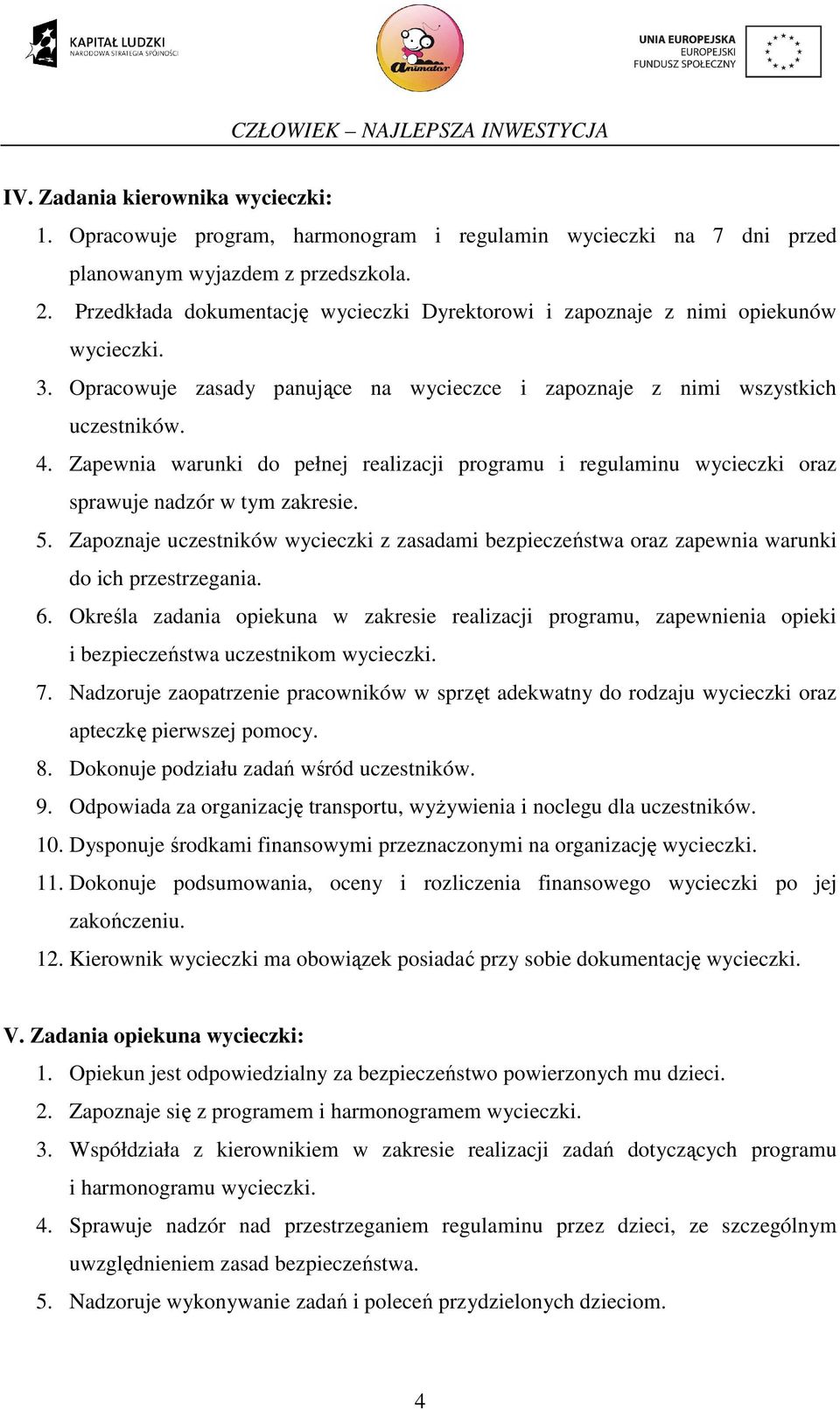 Zapewnia warunki do pełnej realizacji programu i regulaminu wycieczki oraz sprawuje nadzór w tym zakresie. 5.