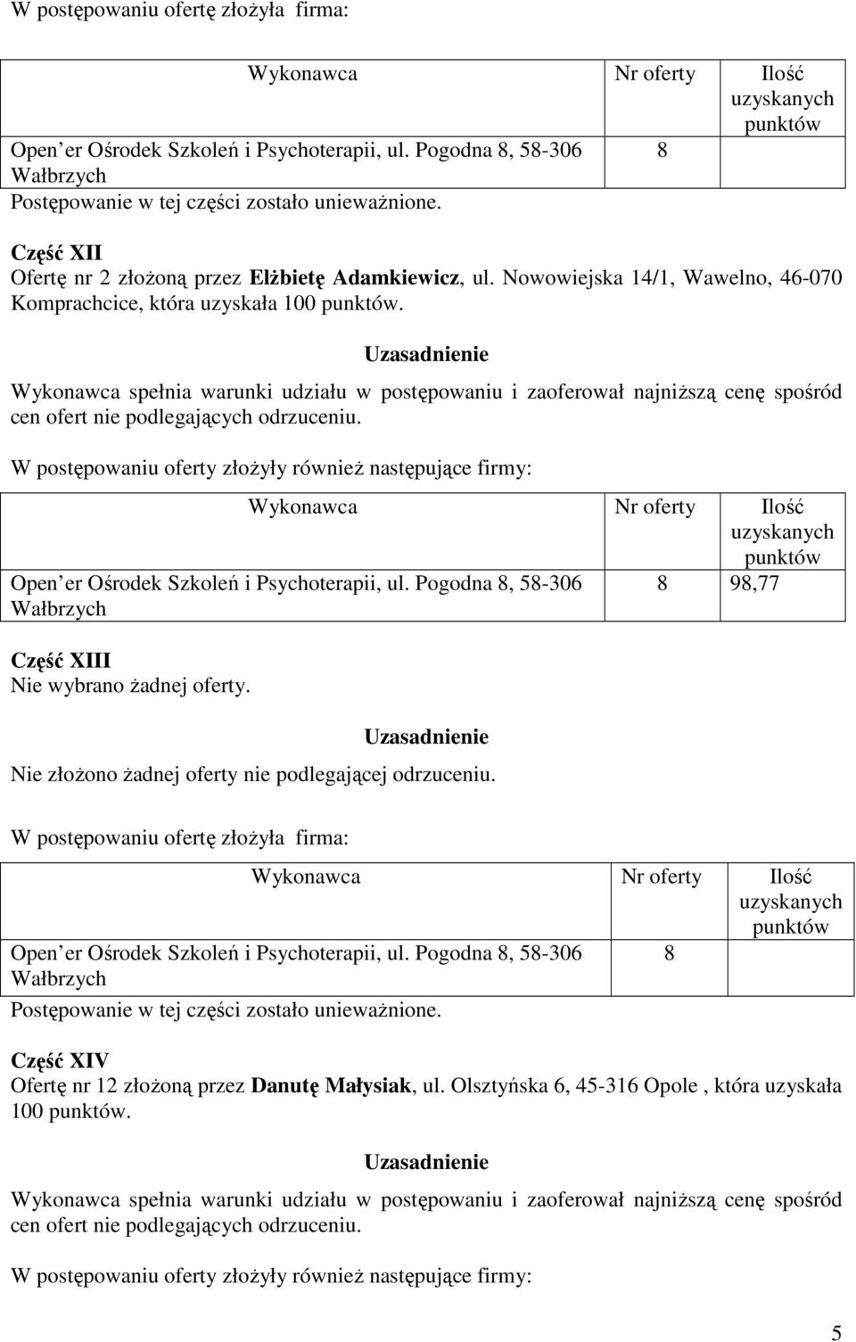 Nowowiejska 14/1, Wawelno, 46-070 Komprachcice, która uzyskała 100. 9,77 Część XIII Nie wybrano żadnej oferty.