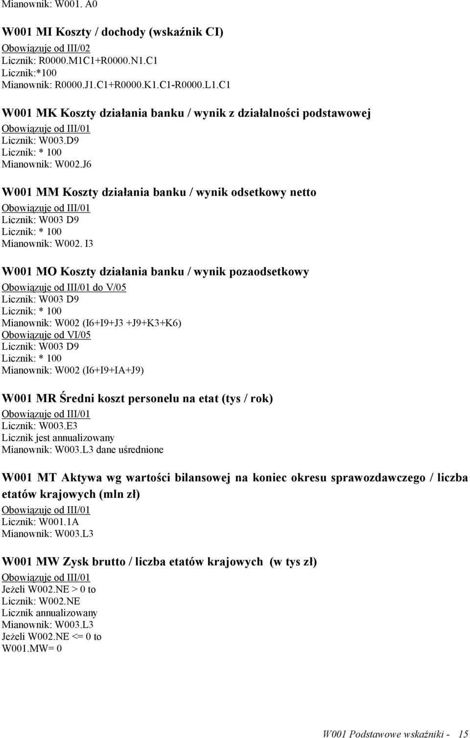 I3 W001 MO Koszty działania banku / wynik pozaodsetkowy do V/05 Licznik: W003 D9 Mianownik: W002 (I6+I9+J3 +J9+K3+K6) Licznik: W003 D9 Mianownik: W002 (I6+I9+IA+J9) W001 MR Średni koszt personelu na
