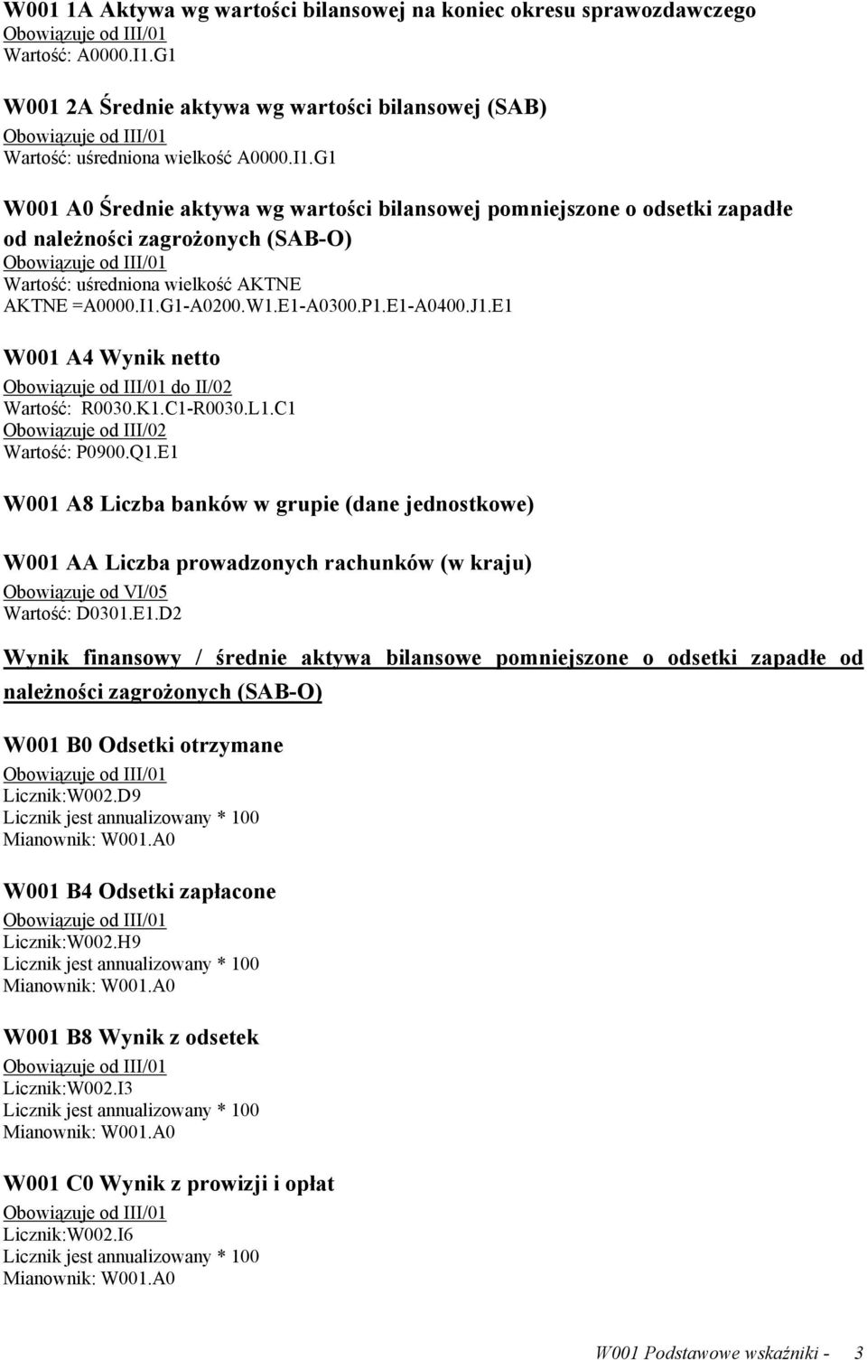 G1 W001 A0 Średnie aktywa wg wartości bilansowej pomniejszone o odsetki zapadłe od należności zagrożonych (SAB-O) Wartość: uśredniona wielkość AKTNE AKTNE =A0000.I1.G1-A0200.W1.E1-A0300.P1.E1-A0400.