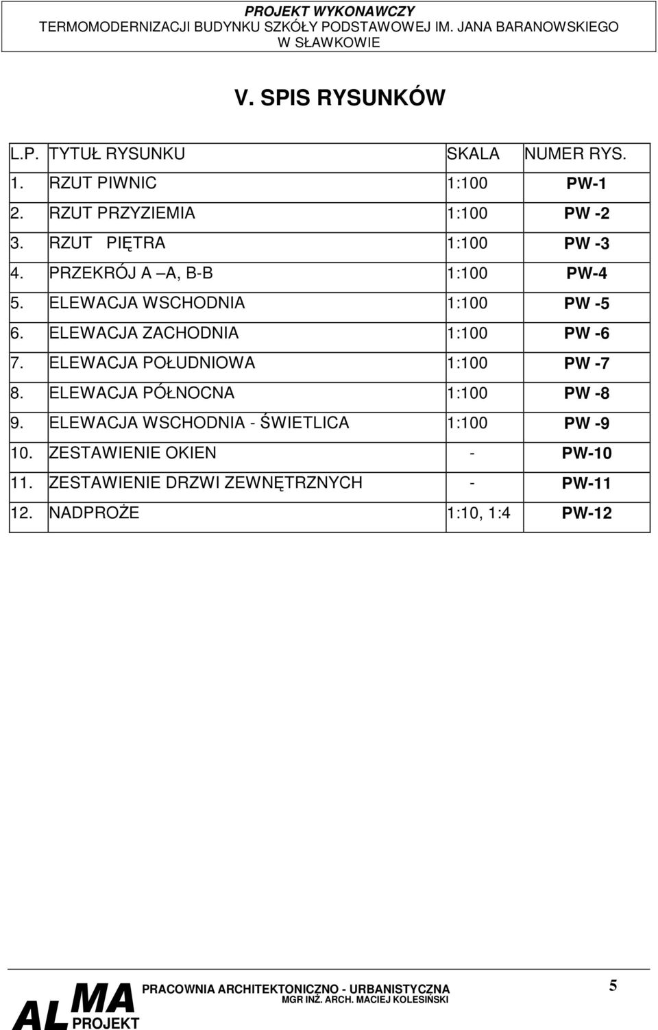 ELEWACJA WSCHODNIA 1:100 PW -5 6. ELEWACJA ZACHODNIA 1:100 PW -6 7. ELEWACJA POŁUDNIOWA 1:100 PW -7 8.