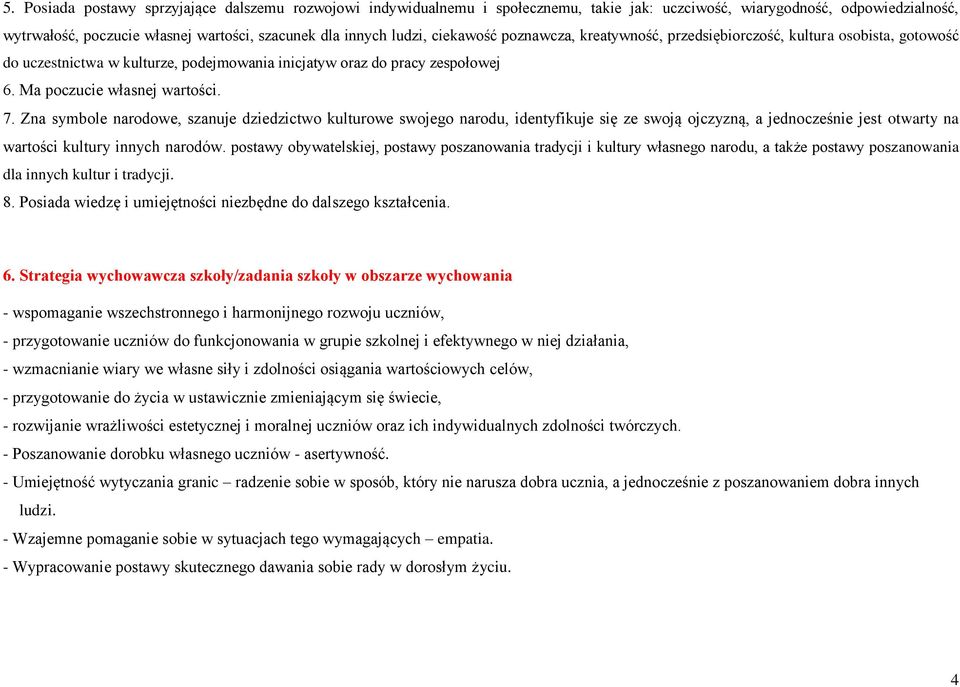 Zna symbole narodowe, szanuje dziedzictwo kulturowe swojego narodu, identyfikuje się ze swoją ojczyzną, a jednocześnie jest otwarty na wartości kultury innych narodów.