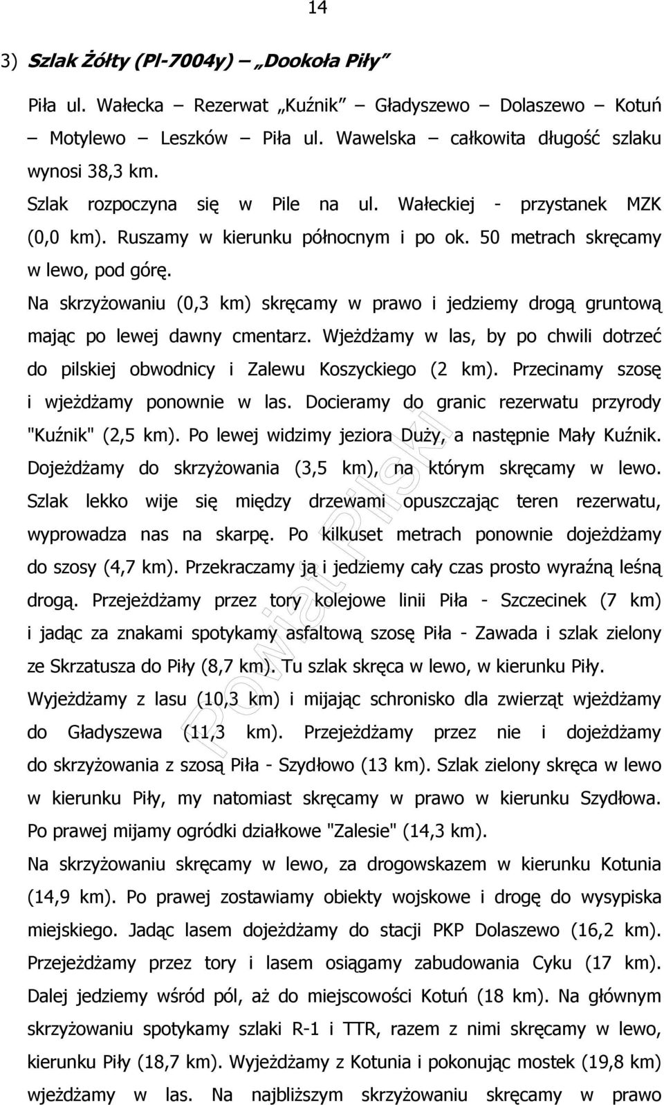 Na skrzyŝowaniu (0,3 km) skręcamy w prawo i jedziemy drogą gruntową mając po lewej dawny cmentarz. WjeŜdŜamy w las, by po chwili dotrzeć do pilskiej obwodnicy i Zalewu Koszyckiego (2 km).