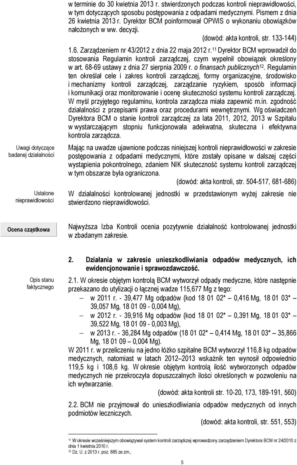 Dyrektor BCM poinformował OPWIS o wykonaniu obowiązków nałożonych w ww. decyzji. (dowód: akta kontroli, str. 133-144) 1.6. Zarządzeniem nr 43/2012 z dnia 22 maja 2012 r.