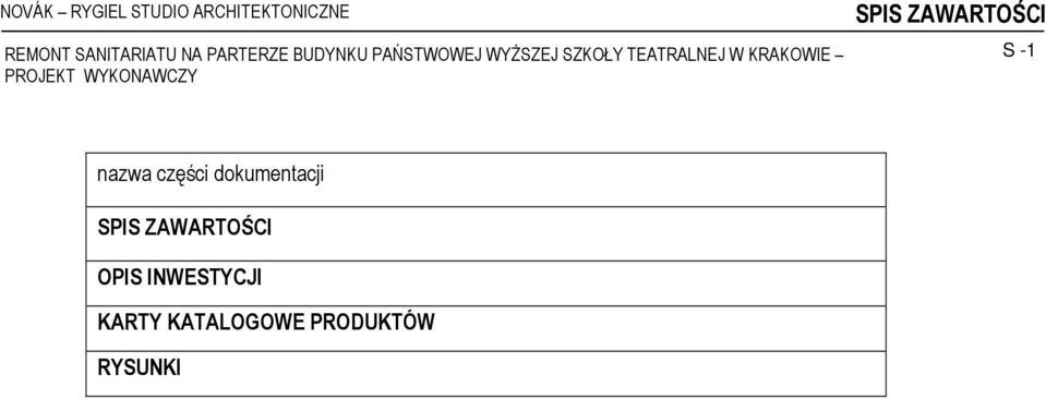 KRAKOWIE PROJEKT WYKONAWCZY SPIS ZAWARTOŚCI S -1 nazwa części