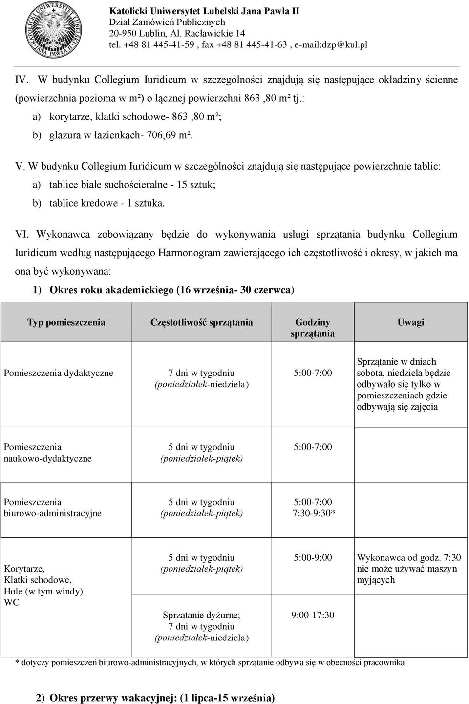 W budynku Collegium Iuridicum w szczególności znajdują się następujące powierzchnie tablic: a) tablice białe suchościeralne - 15 sztuk; b) tablice kredowe - 1 sztuka. VI.