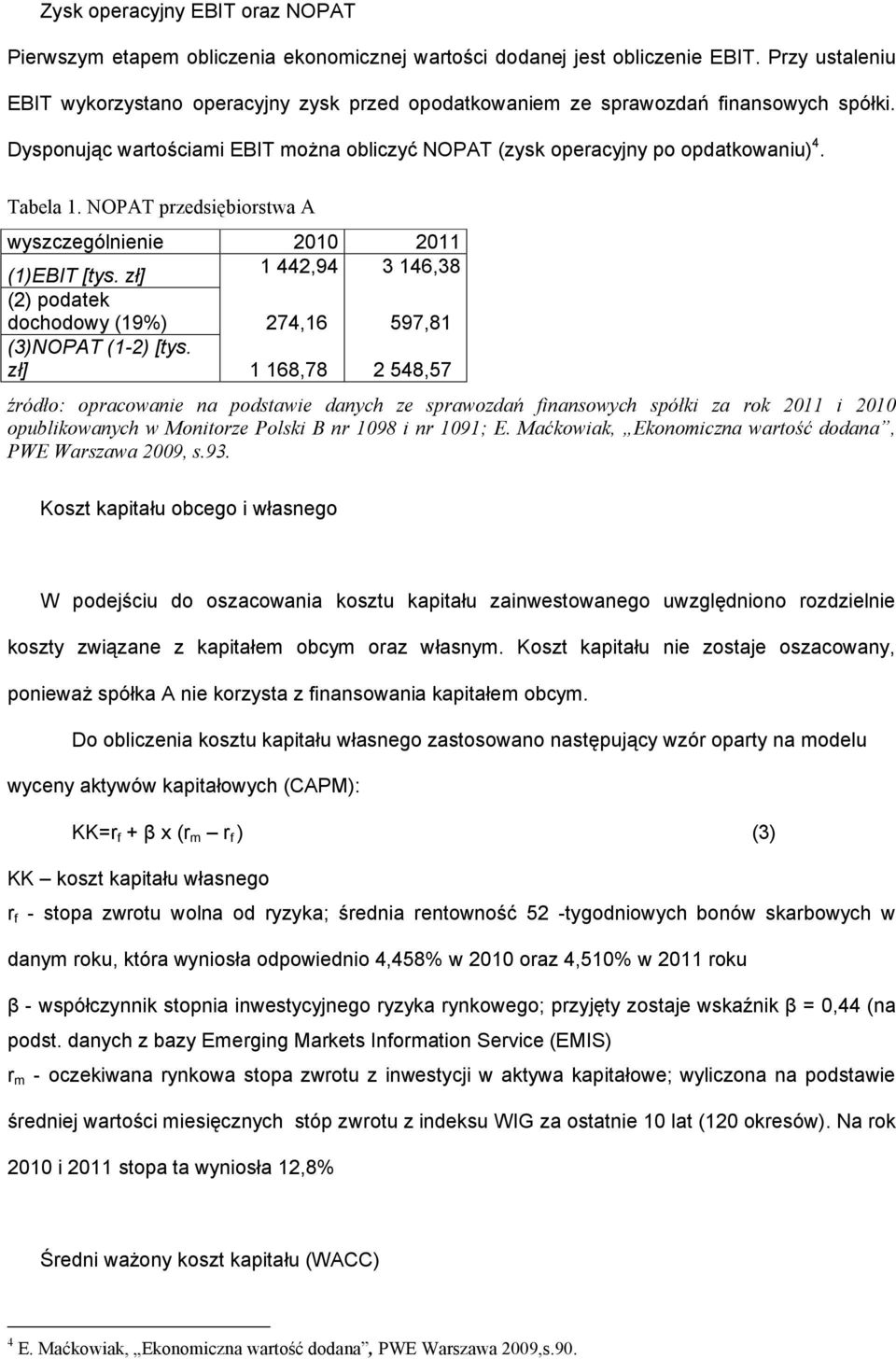 NOPAT przedsiębiorstwa A wyszczególnienie 2010 2011 (1)EBIT [tys. zł] 1 442,94 3 146,38 (2) podatek dochodowy (19%) 274,16 597,81 (3)NOPAT (1-2) [tys.